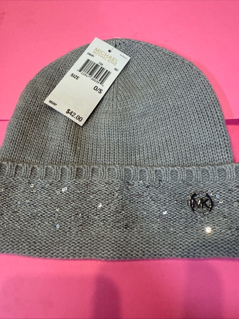 Michael Kors Access Grey Cuffed Beanie Silver Sequins Women's One Size $42 NWT - Picture 2 of 11